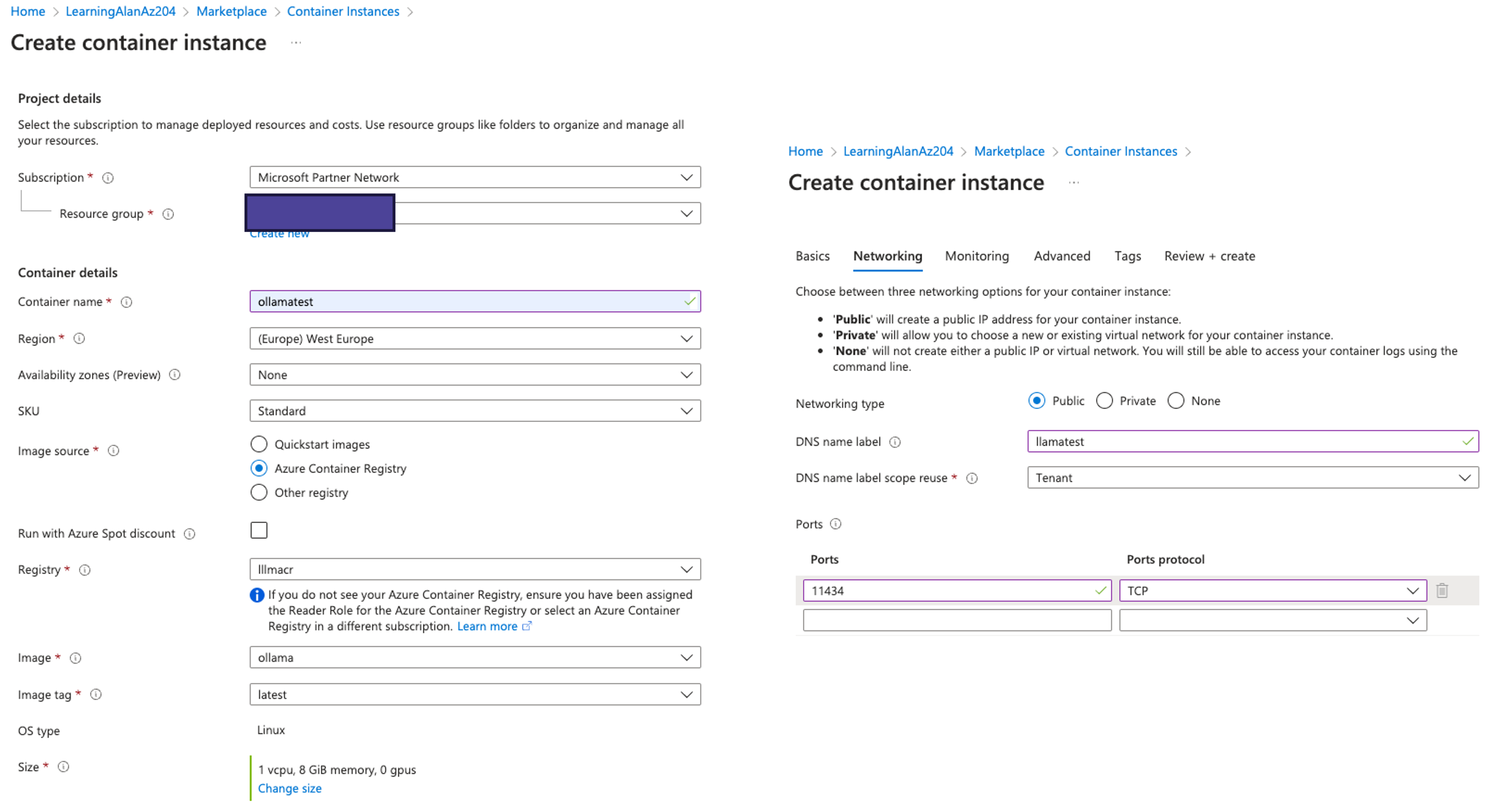 Azure Container Instance setup